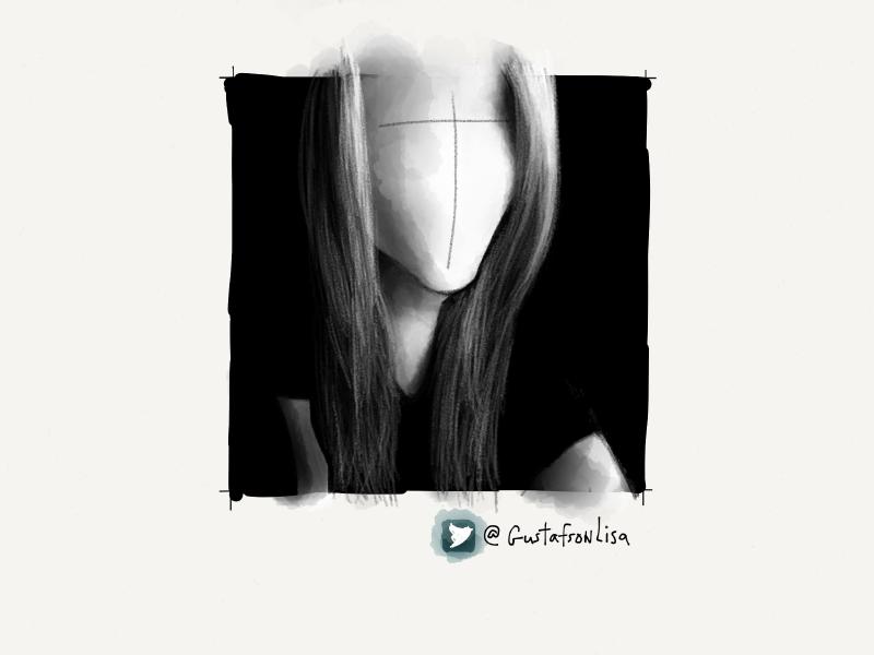 Black and white digital watercolor and pencil portrait of a faceless woman with long hair sitting in shadows.