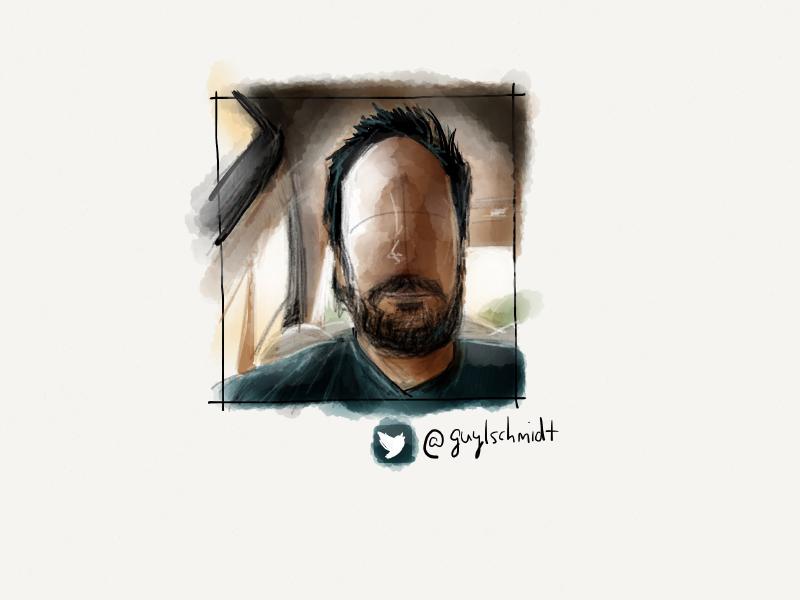 Digital watercolor and pencil portrait of a faceless man with a beard sitting in a car with windows behind him.