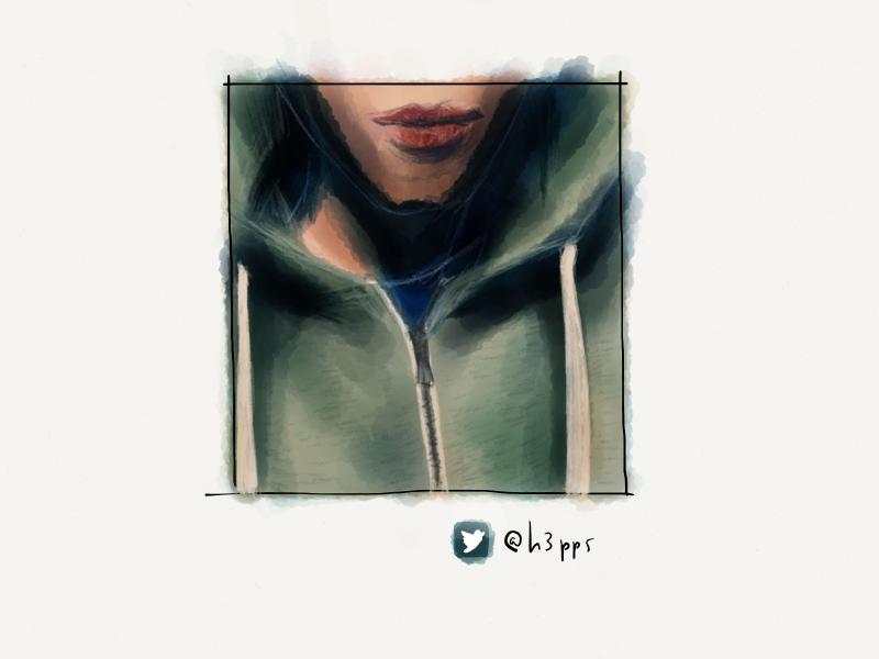 Digital watercolor and pencil portrait closeup the bottom of a man's chin and lips, wearing a gray hooded sweatshirt.