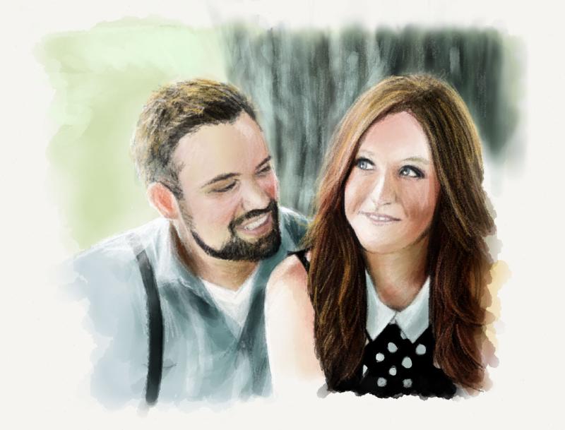 Digital watercolor and pencil portrait of a couple. The man is on the left,looking downward, bearded, and wearing suspenders with a light blue dress shirt. The woman is smiling, looking up, and wearing black dress with polka dots and a white collar.