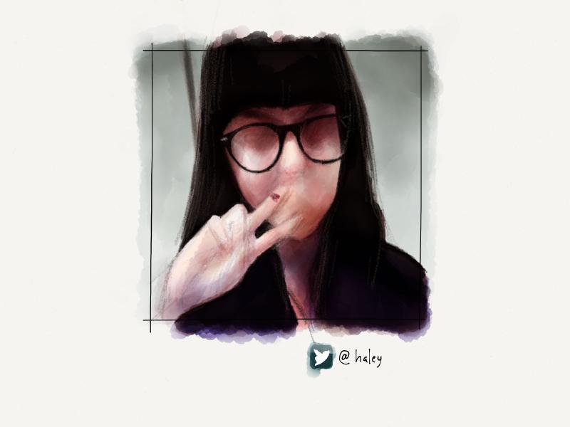 Digital watercolor and pencil portrait of a faceless woman with short bangs, wearing large round glasses, and holding two fingers up to her absent lips.
