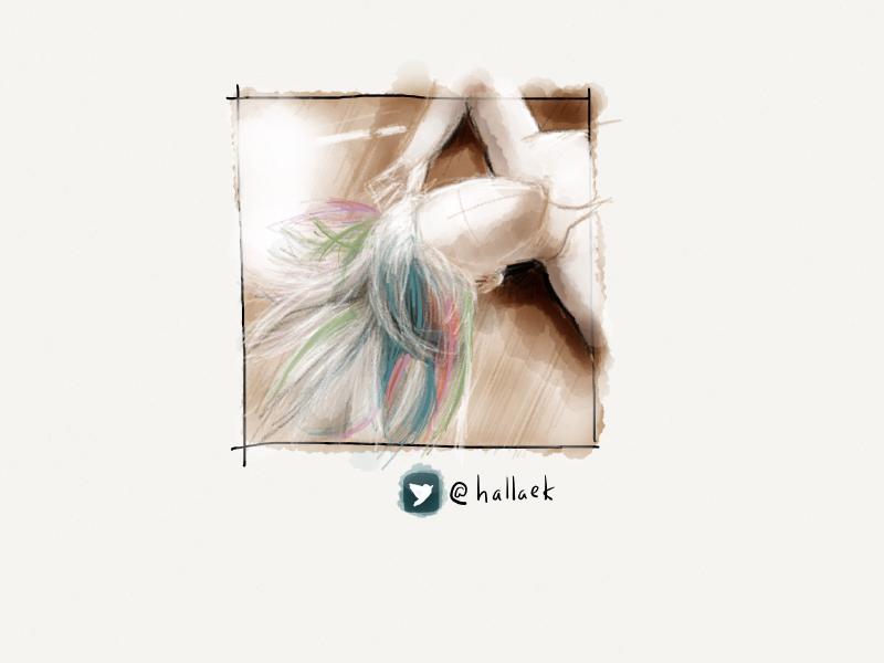 Digital watercolor and pencil portrait of a faceless figure in white, laying on a wooden floor with unicorn colored hair flowing everywhere.