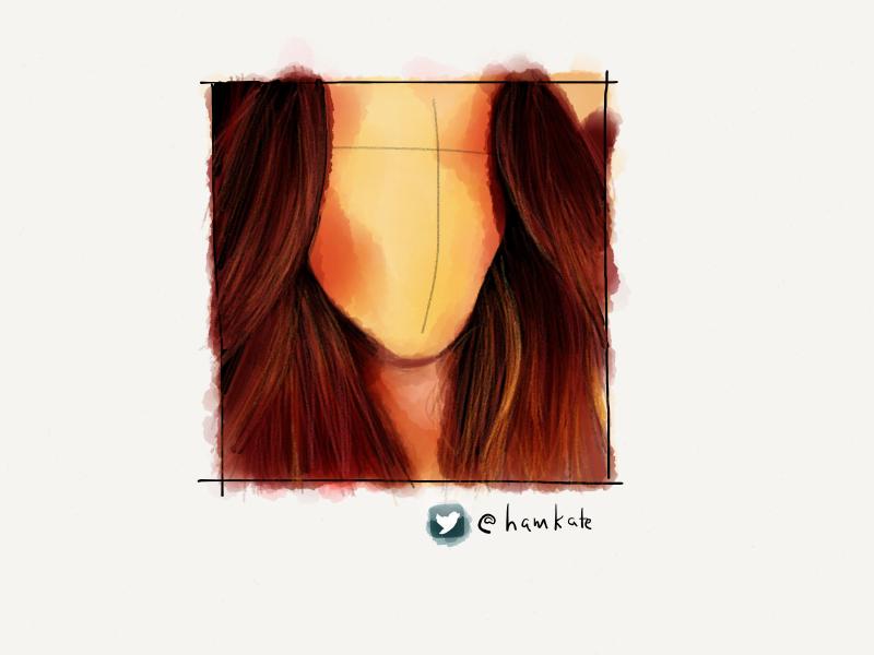 Digital watercolor and pencil portrait of a faceless redheaded woman who's hair looks like it is on fire.