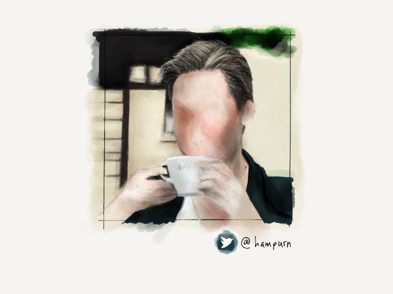 Digital watercolor and pencil portrait of a faceless man sipping a beverage from a tea cup outsie.