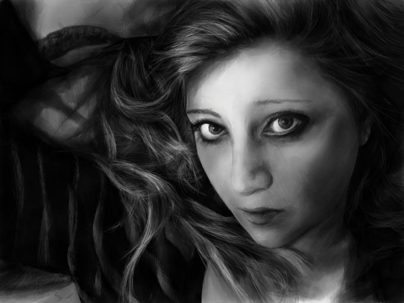 Black and white digital watercolor and pencil portrait of a woman with long wavy hair laying on a bed looking at the viewer with the whites of her eyes showing.