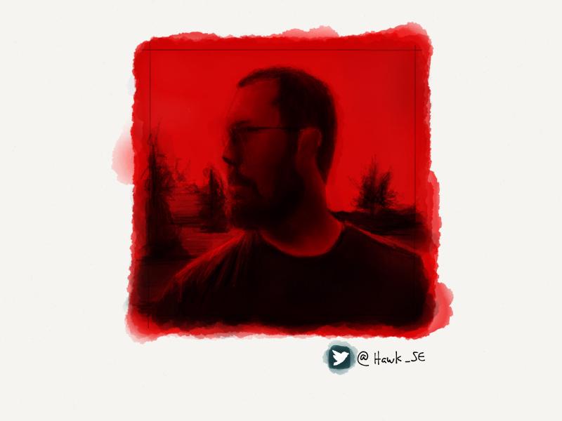 Digital watercolor and pencil portrait of a man with a beard and glasses, looking to the left with a red overlay painted on top.