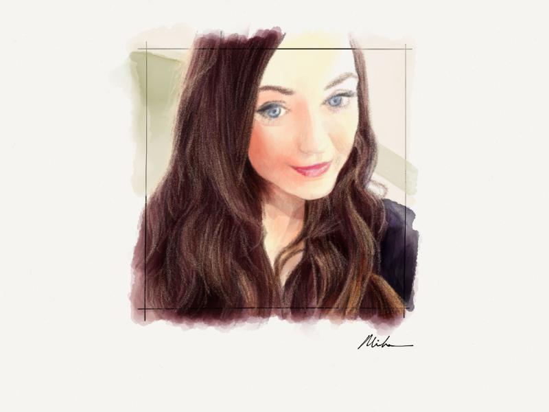 Digital watercolor and pencil portrait of a woman with long wavy hair and delicate facial features.