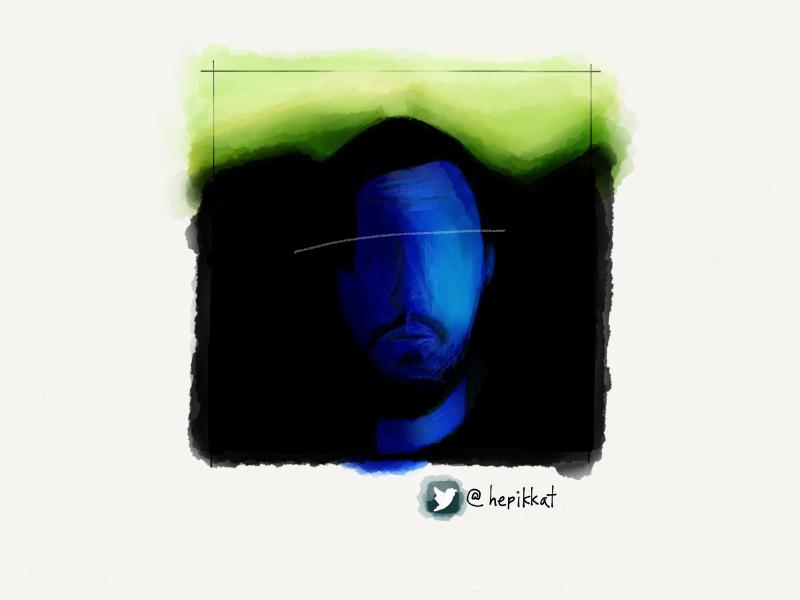 Digital watercolor and pencil portrait of a faceless man with a beard lit in blue with a glow of neon green above him.