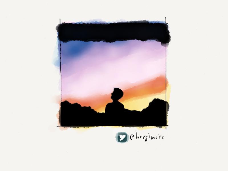 Digital watercolor and pencil portrait of a figure in silhouette, standing in front of sunset.
