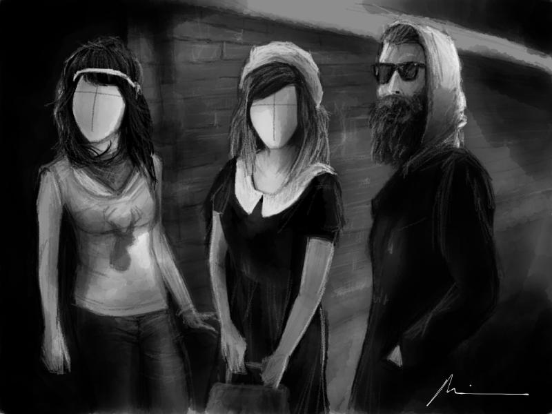 Black and white digital watercolor and pencil portrait of 3 faceless hipsters standing in front of a brick wall. Woman one is wearing a thin white head band, neck scarf, and tank top with a deer print. Woman two is wearing a black dress with white collar and knit hat. Figure three is bearded, wearing sunglasses, a hoodie, and has his hands in the pockets of his peacoat.