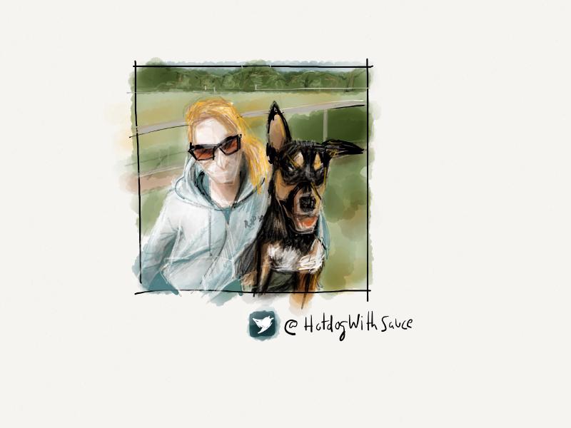 Digital watercolor and pencil portrait of a faceless woman in a light blue hoodie holding a dog with pointy ears.