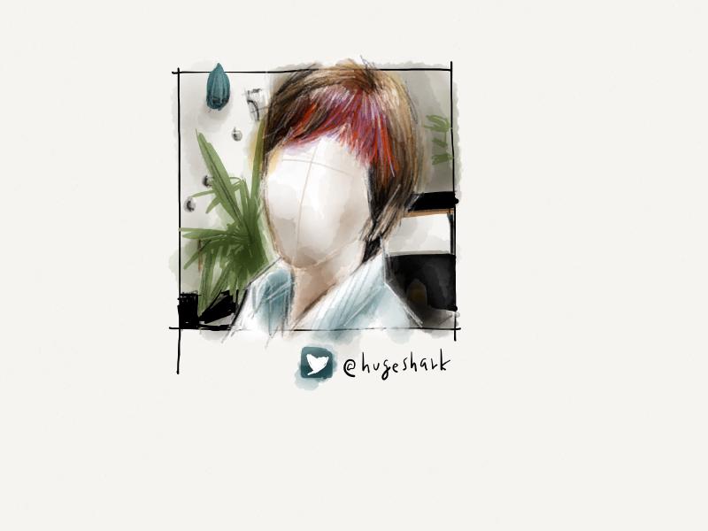 Digital watercolor and pencil portrait of a faceless woman with short hair colored with pink in the bangs.