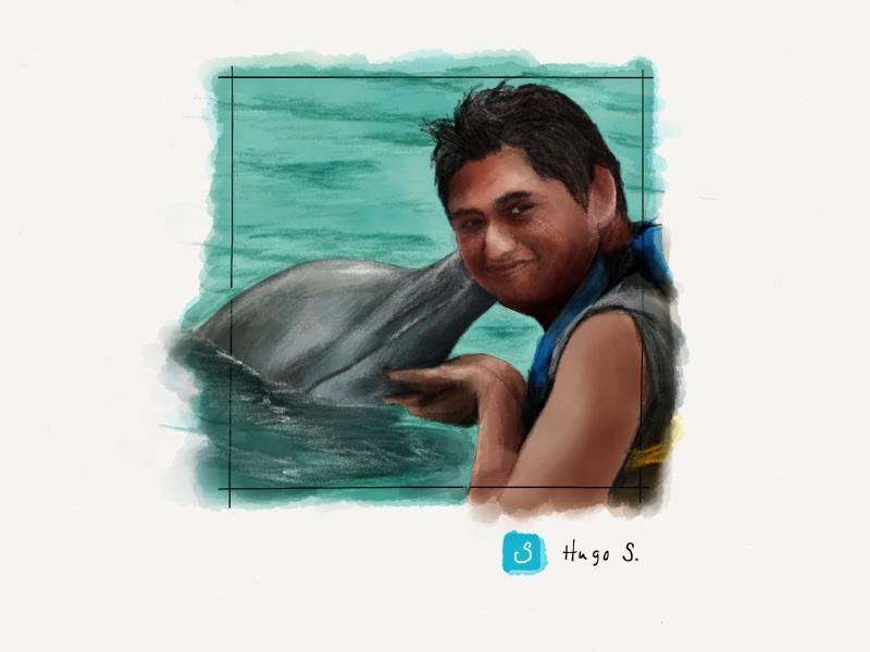 Digital watercolor and pencil portrait of a man in the water, smiling towards the viewer, as a dolphin kisses his cheek.