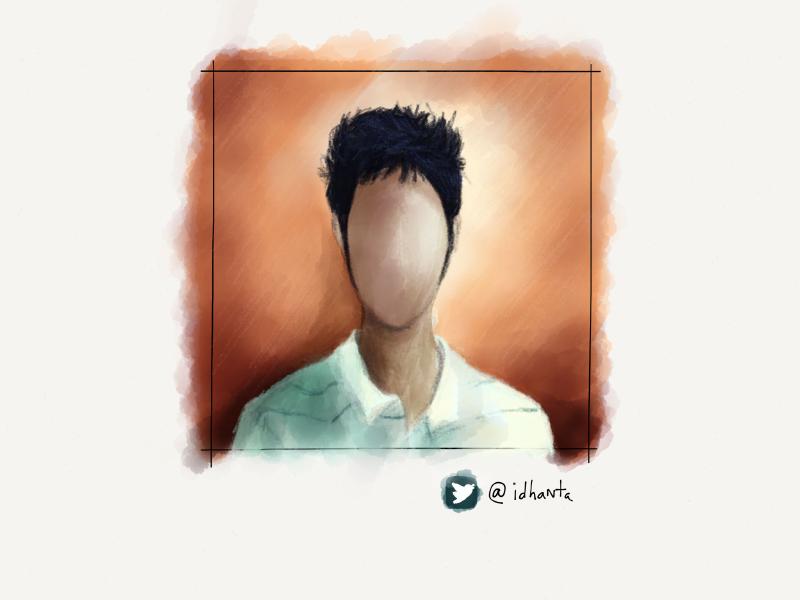 Digital watercolor and pencil portrait of a faceless man with long sideburns, wearing a striped polo shirt, and standing in front of an orange wall.
