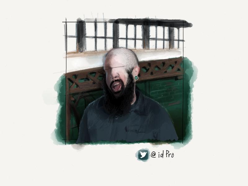Digital watercolor and pencil portrait of a bald man with a large black beard, wearing large green plugs, and a gray work shirt as he winks at the viewer. His eyes have been replaced with a single black pencil line.