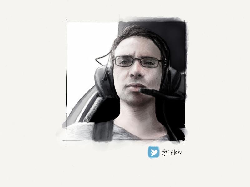 Digital watercolor and pencil portrait of a man wearing glasses and a headset with microphone while sitting in an aircraft of some sort. Painted in muted, almost gray tones.