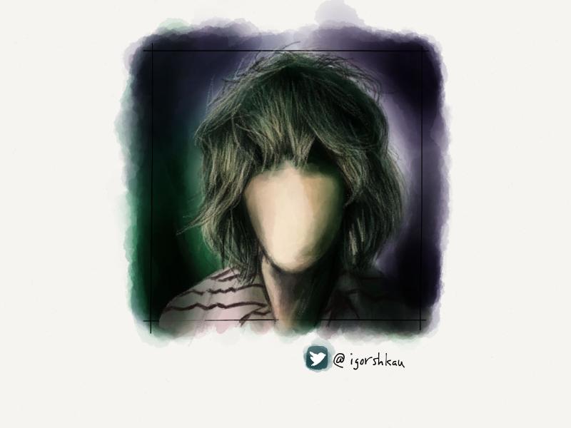 Digital watercolor and pencil portrait of a faceless figure with large 1980's hair metal styled blonde hair with a glow of purple and green behind them.