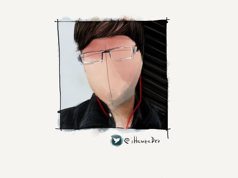 Digital watercolor and pencil portrait of a faceless man with side swept brown hair, silver glasses, and wearing ear pods with a red cord.