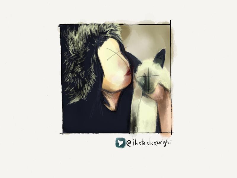 Digital watercolor and pencil portrait of a faceless woman wearing a fur hat as she hold up a white cat with black ears, who is also faceless.