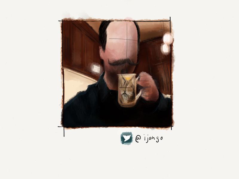 Digital watercolor and pencil portrait of a faceless man with large Van Dyke mustache, curled at the tips, as he drinks from a coffee mug in a kitchen.