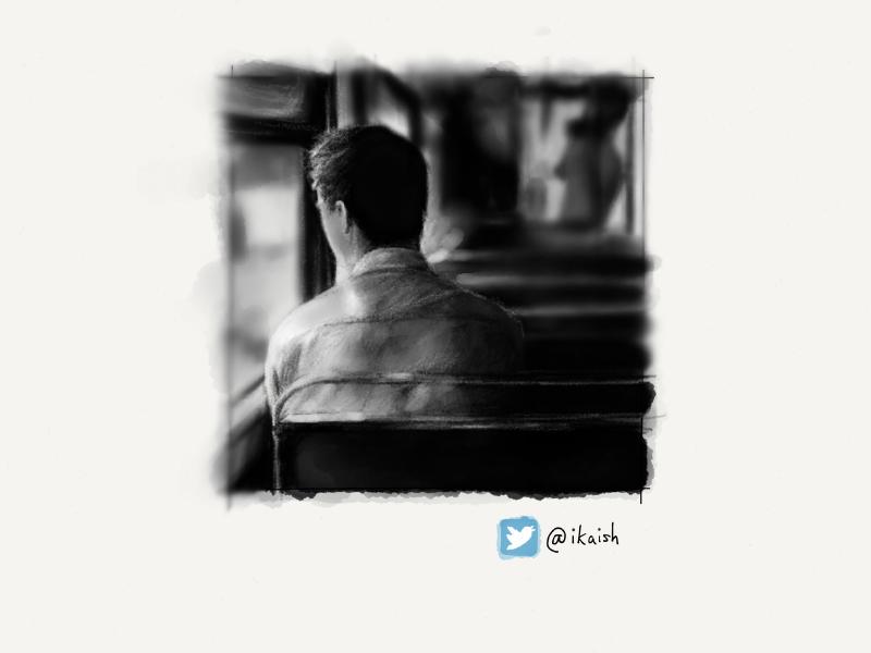 Black and white digital watercolor and pencil portrait of a man sitting on a bus, looking out the window, with his back to the viewer, painted with a shallow depth of field.