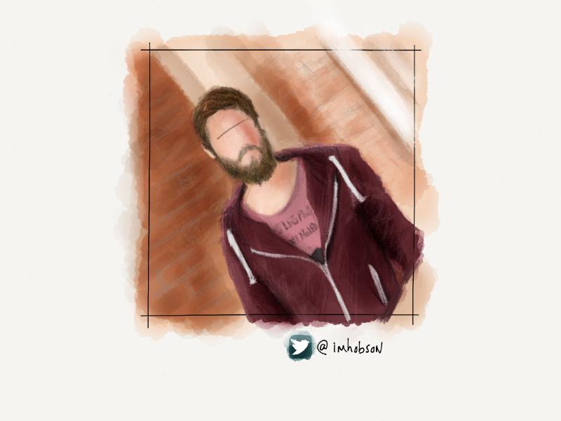 Digital watercolor and pencil portrait of a faceless man with a beard, wearing a maroon hoodie against a brick wall. The composition is tilted at a 45 degree angle.