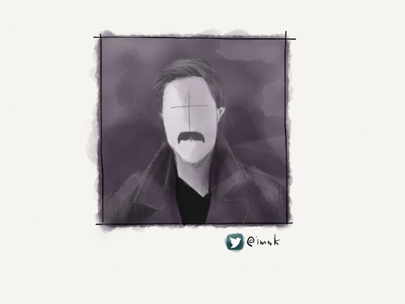 Grayscale digital watercolor and pencil portrait of a faceless man with a large mustache wearing a business coat.