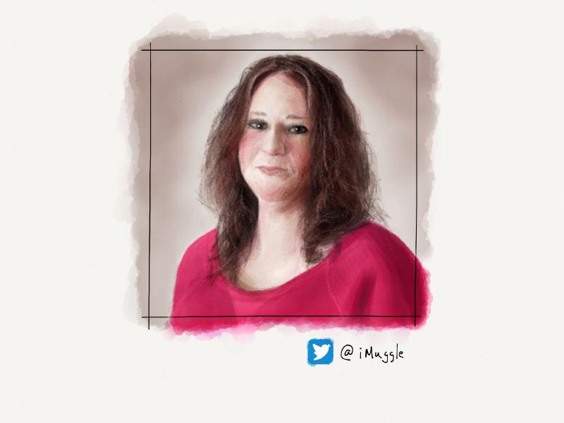 Digital watercolor and pencil portrait of a woman with long wavy hair wearing a pink sweater.