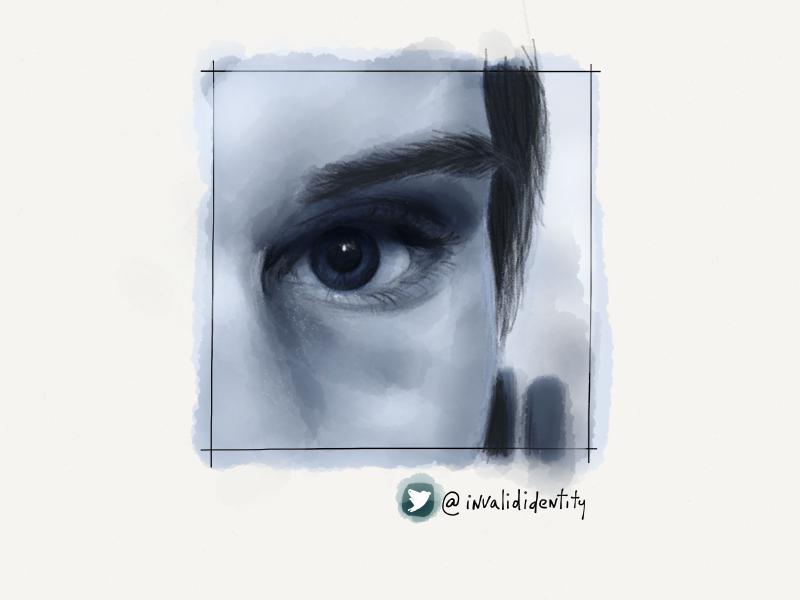 Digital watercolor and pencil detailed drawing of a man's left eye and brow. Painted in tones of blue and gray.