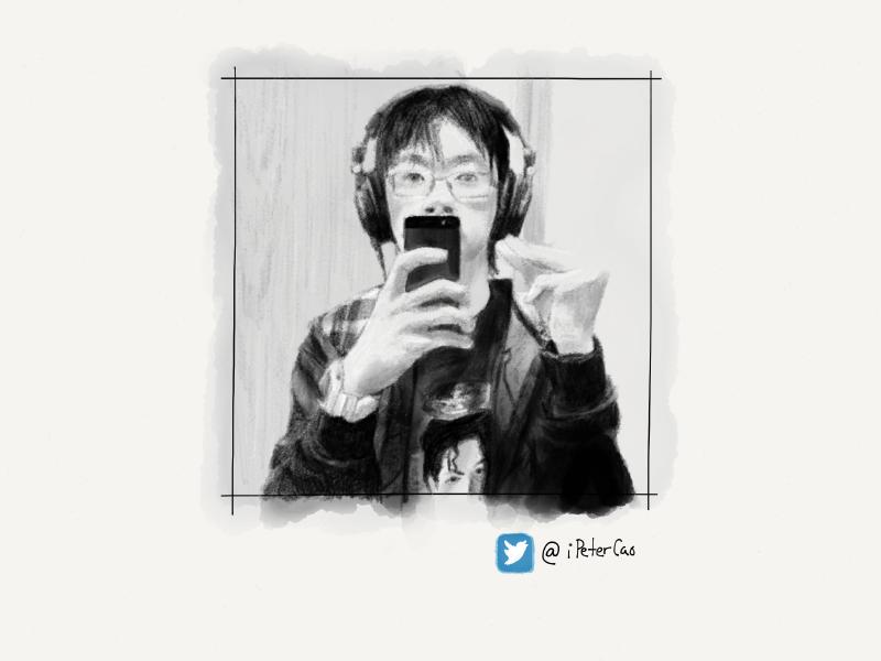 Black and white digital watercolor and pencil portrait of a young man taking a selfie with an iPhone 4 while wearing over the ear headphones, glasses, and a Michael Jackson shirt.