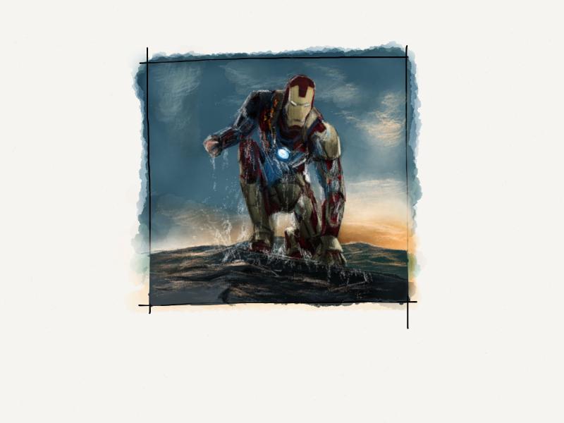 Digital watercolor and pencil portrait of Iron Man in a hero's pose as he stands up from a surface covered in water.