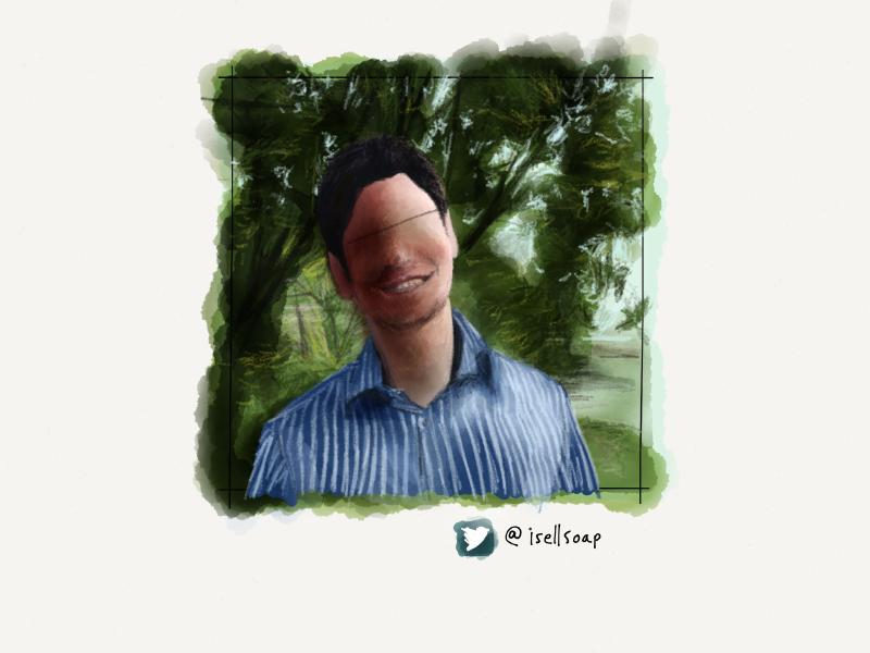 Digital watercolor and pencil portrait of a faceless man with a huge Joker-like smile, standing in front of some trees outside.