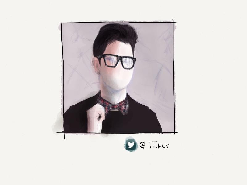 Digital watercolor and pencil portrait of a faceless man with pompadour hair, wearing hipster glasses and a plaid bowtie.