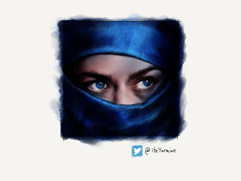 Digital watercolor and pencil portrait of a woman with her face covered revealing striking blue eyes.