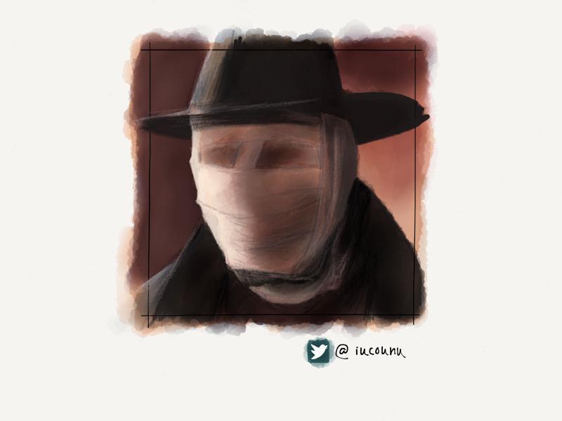 Digital watercolor and pencil portrait of a man's face wrapped in medical bandages and wearing a black hat and trench coat.