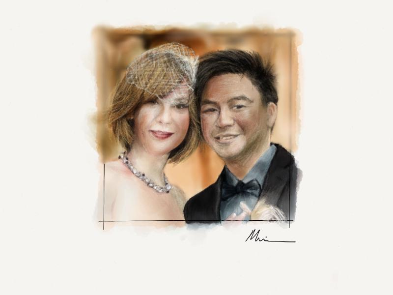 Digital watercolor and pencil portrait of a woman and man dressed up in formal attire with their heads pressed closely together.