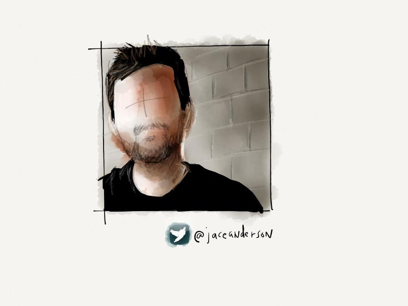 Digital watercolor and pencil portrait of a faceless bearded man standing next to a gray brick wall.