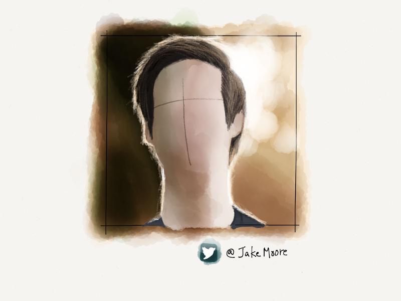Digital watercolor and pencil portrait of a faceless man with sunlight shinning behind his hair.