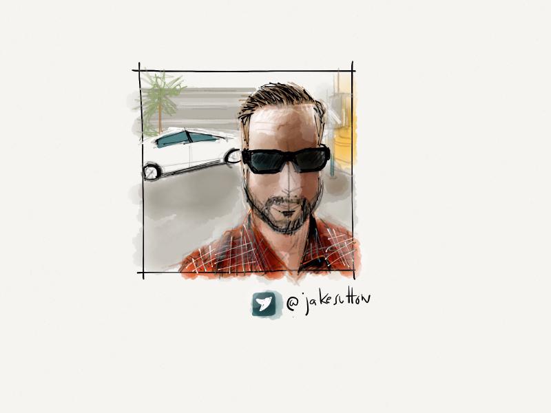 Digital watercolor and pencil portrait of a bearded man wearing sunglasses and a red plaid shirt outside, standing in front of a white sports car.
