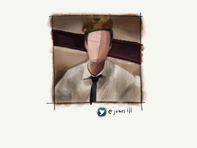 Digital watercolor and pencil portrait of a faceless man wearing a dress shirt, black tie, and golden grown tilted on his head.