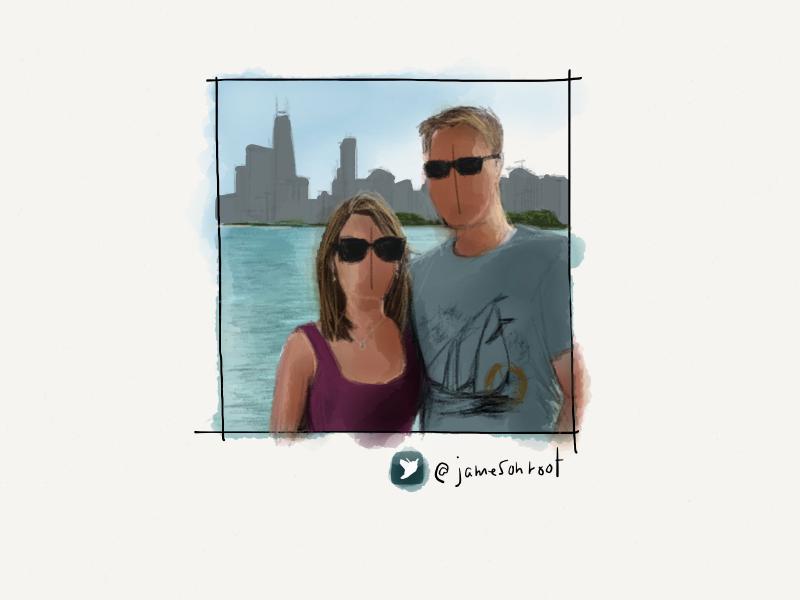 Digital watercolor and pencil portrait of a faceless couple in sunglasses standing in front of a city by the water.