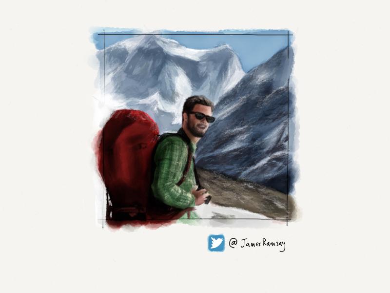 Digital watercolor and pencil portrait of a bearded man wearing a green flannel shirt, sunglasses, and a large red backpack as he poses in front of a mountain range.