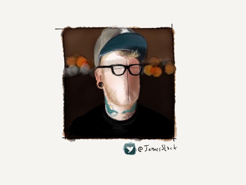 Digital watercolor and pencil portrait of a faceless man with gauged ears, swallow tattoos on his neck, and wearing black framed glasses. A bokeh of city lights can be seen in the background.