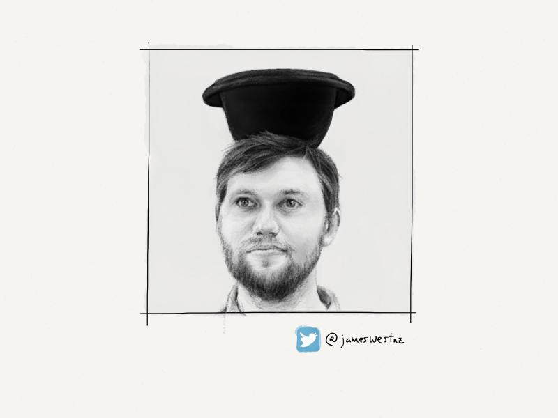 Black and white digital watercolor and pencil portrait of a bearded man balancing a top hat on his head as he looks off to the side.