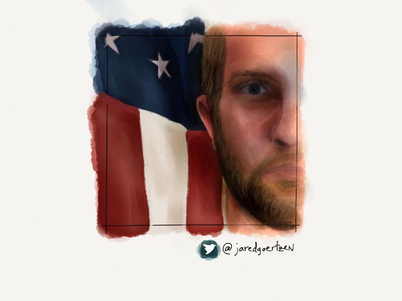 Digital watercolor and pencil portrait of a blonde man with a beard. The stars and stripes of the American flag can be seen behind him with his face cropped down the middle.