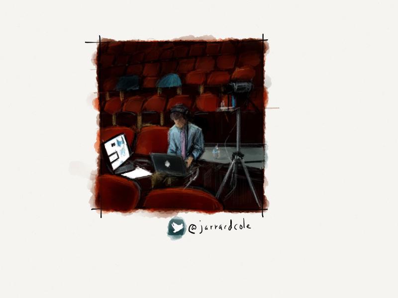 Digital watercolor and pencil portrait of a faceless man in business attire working on a Macbook in an empty auditorium, surrounded by video recording equipment.