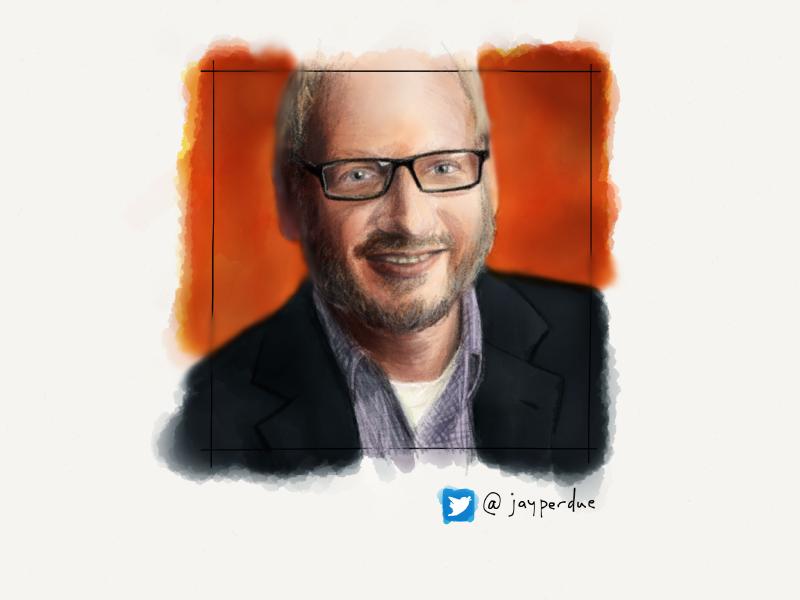 Digital watercolor and pencil portrait of a man with blonde hair and trimmed beard, wearing glasses, striped dress shirt, and gray blazer. Background is solid orange.