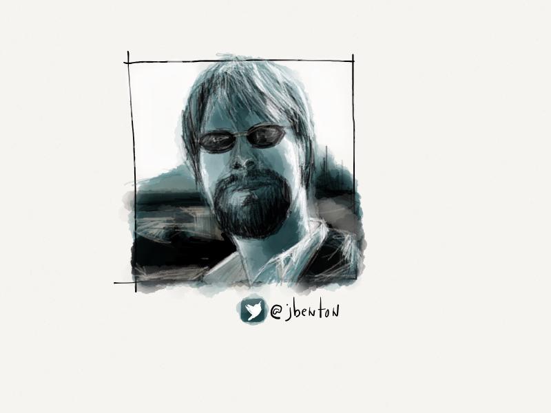 Digital watercolor and pencil portrait of a man with a large goatee, painted in shades of blue-green.
