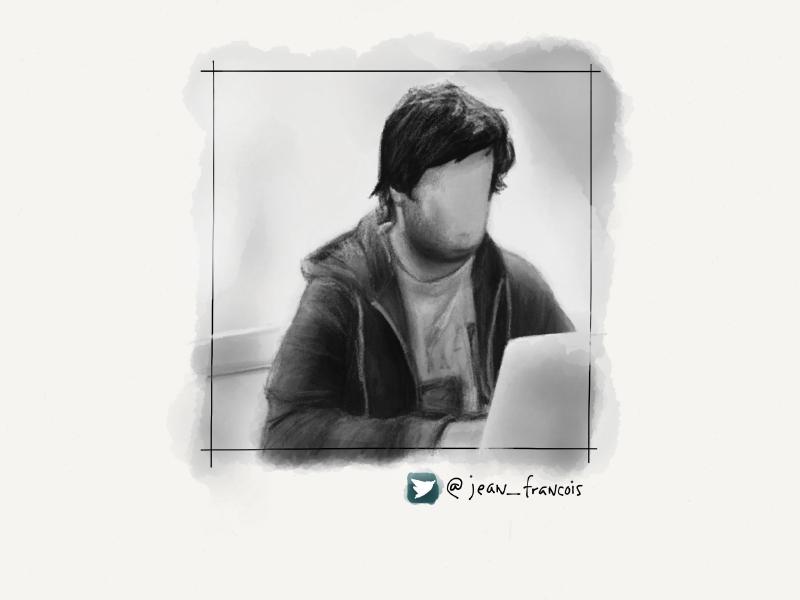 Grayscale digital watercolor and pencil portrait of a faceless man in a hoodie computing on a laptop.