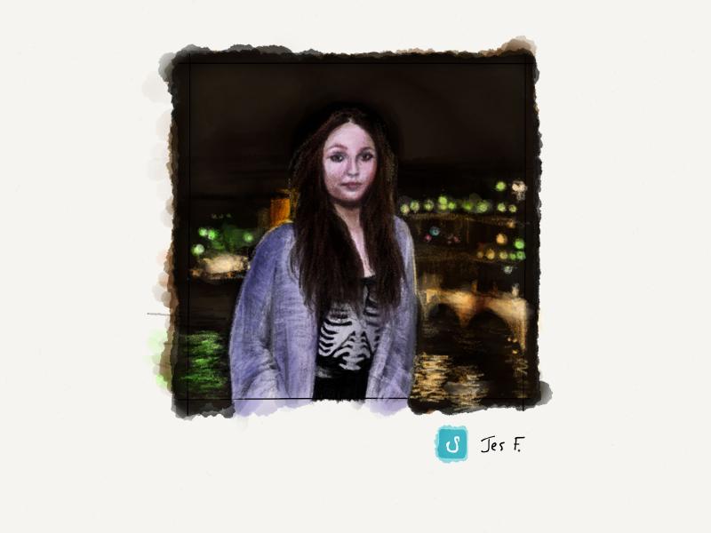 Digital watercolor and pencil portrait of woman at night, standing by a bridge with the lights of the city twinkling behind her. See is wearing a black shirt with ribcage printed on it, partially covered with a large grey cardigan sweater.